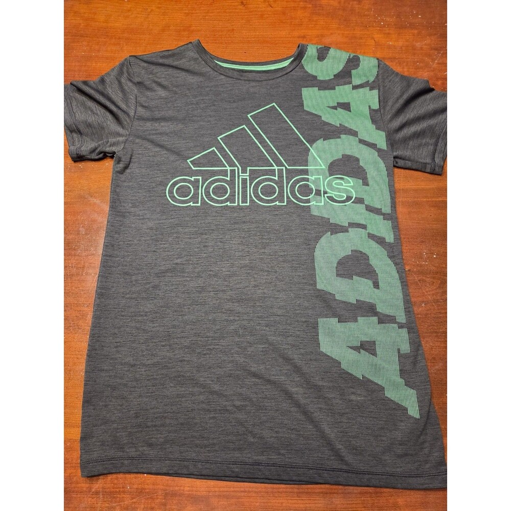 Adidas Boys T-Shirt Youth Size Large 14/16 Grey Green Big Logo Performance Tee